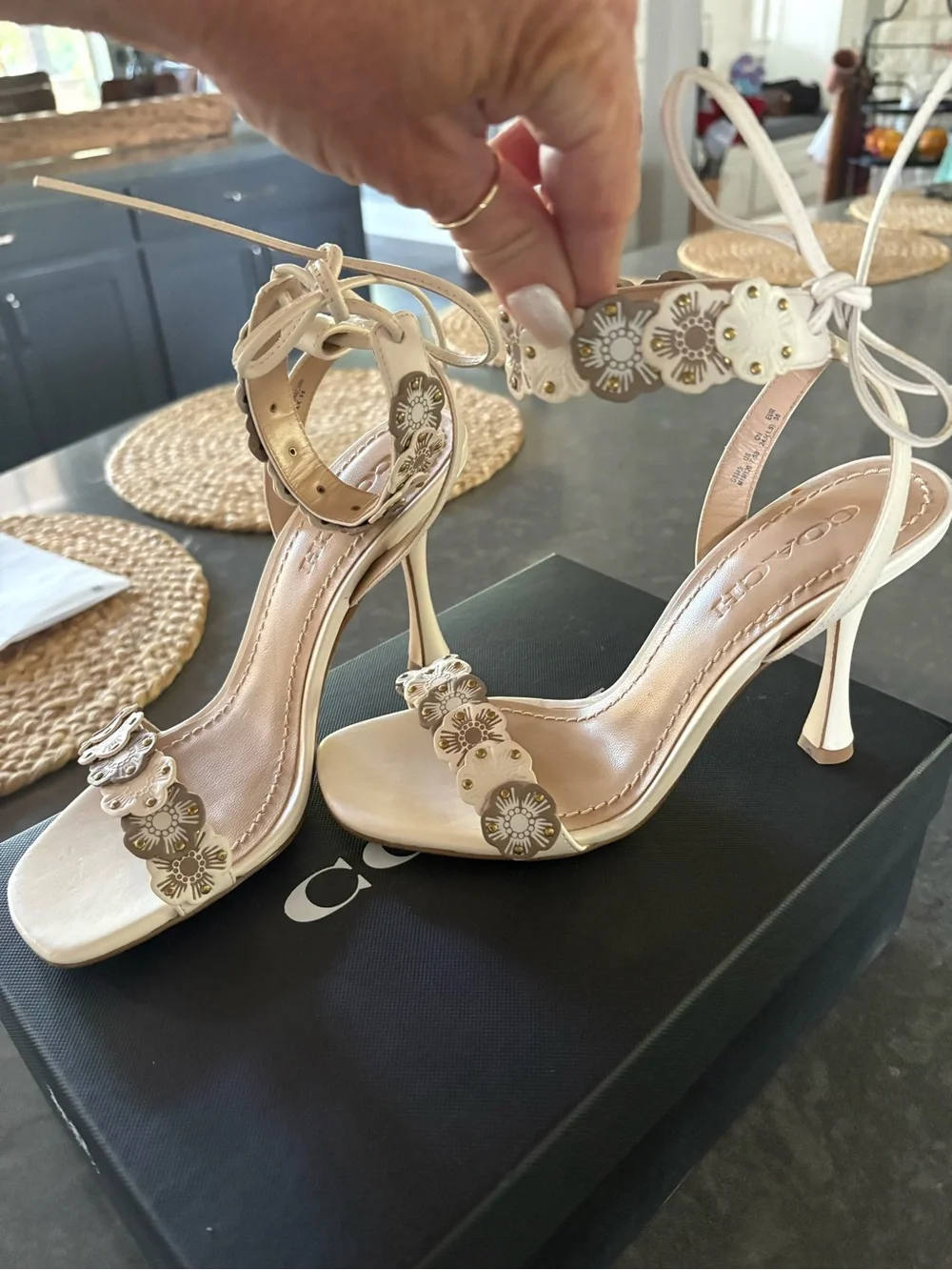 Coach Ivory Floral-Appliqué Ankle-Strap Heels